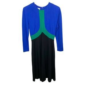 Vintage Linda Lewis Petites Wool Dress Colorblock Fit Flare Long Sleeve Small